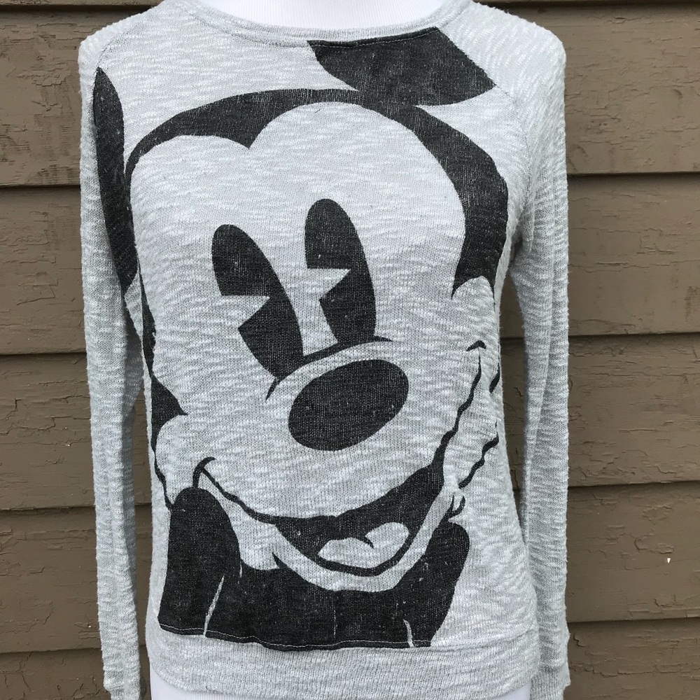 A Disney park gray and with a Mickey Mouse sweater